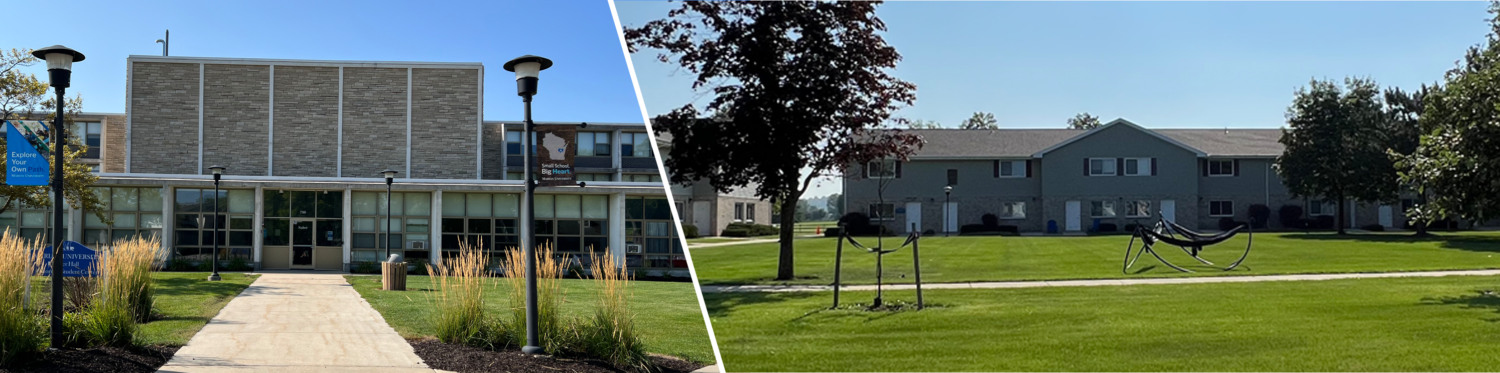 Freshman Options Split screen of Naber housing and Courtyard housing, including hammocks.