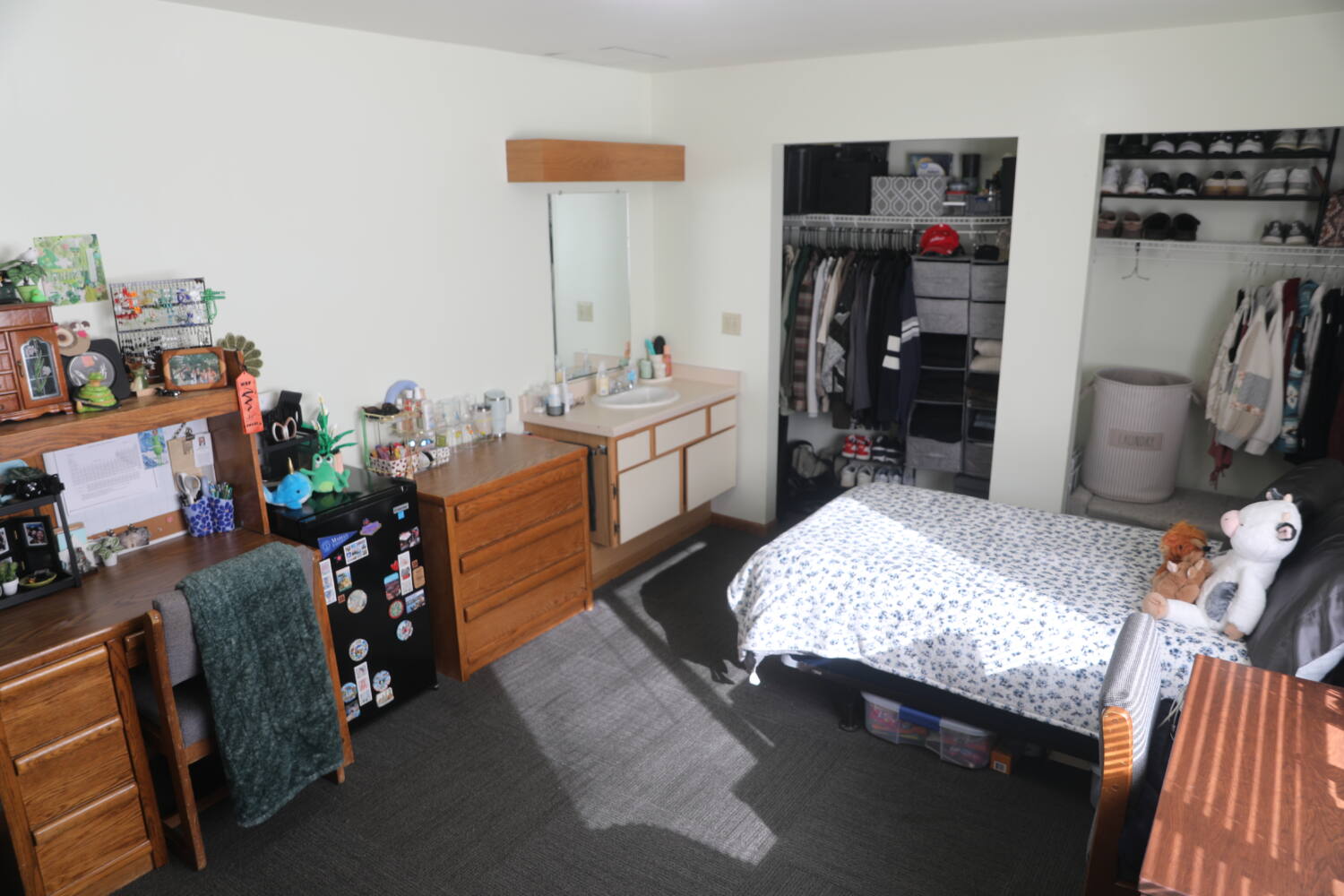 H31A0055 Bedroom with a sink, 2 closets, a dresser, 2 desks, and a mini fridge.