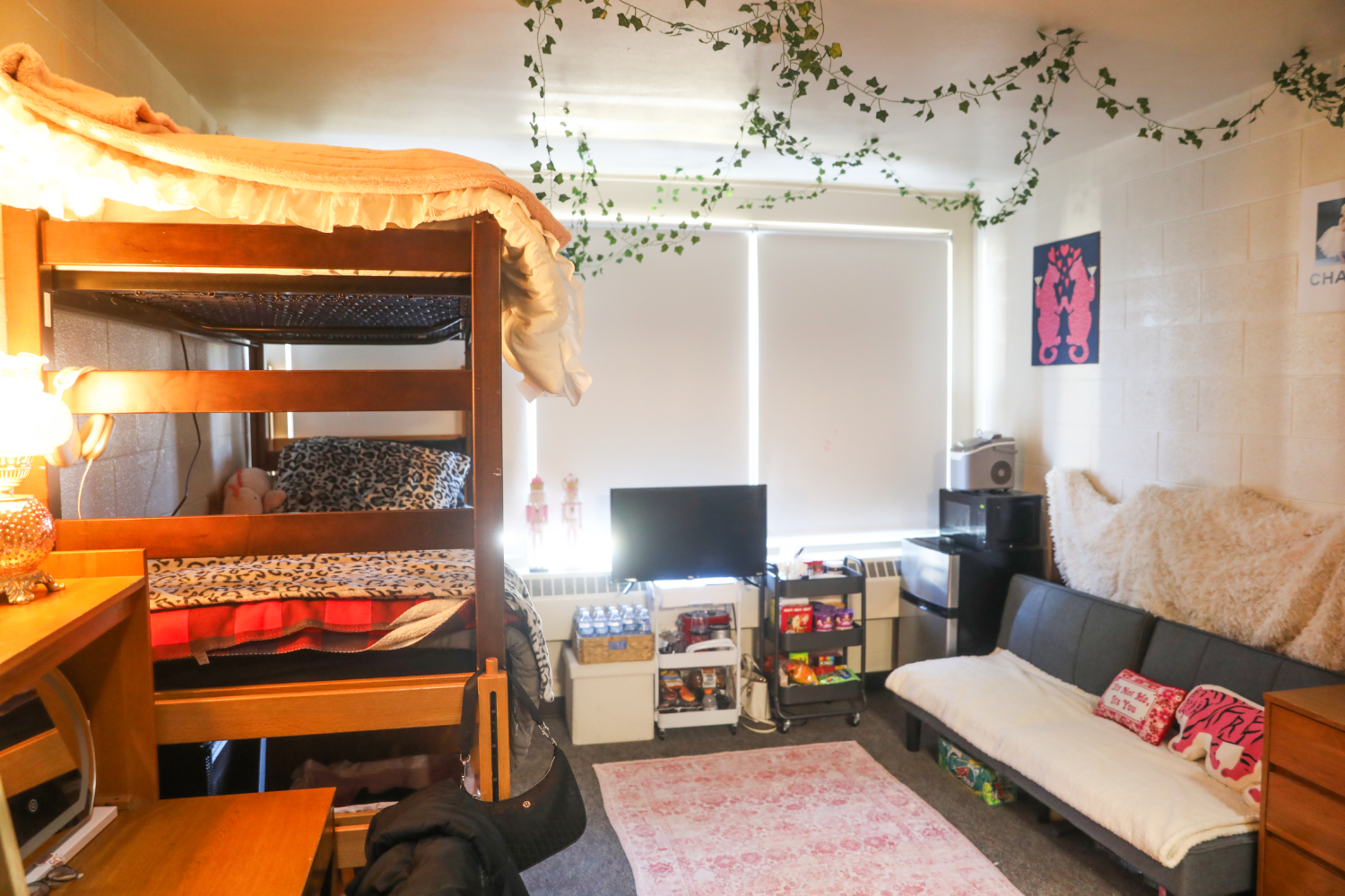 Dorm room with bunk beds, a tv, couch, and a desk.