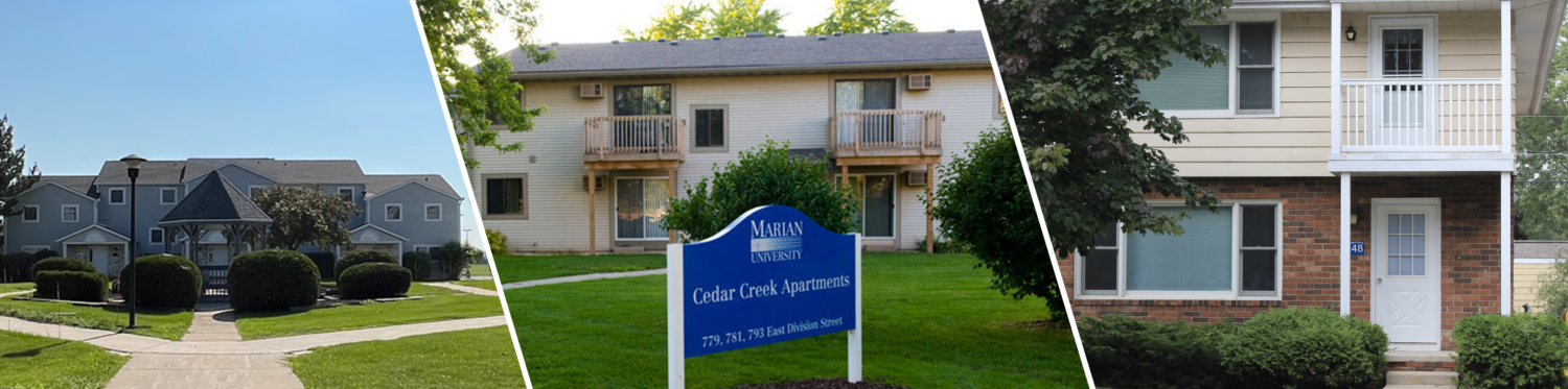 Upper Housing Split photos of duplex, townhouse, and Cedar Creek.